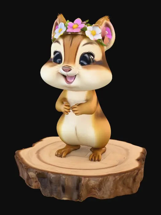 3D model for An adorable chibi cartoonish chipmunk wearing a crown of tiny flowers. Standing on a round slice of natural wood. Suitable for 3d model printing.