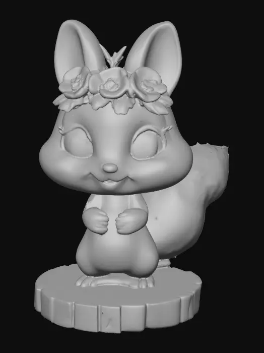 3D model for An adorable chibi cartoonish chipmunk wearing a crown of tiny flowers. Standing on a round slice of natural wood. Suitable for 3d model printing.
