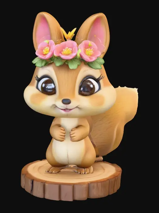 3D model for An adorable chibi cartoonish chipmunk wearing a crown of tiny flowers. Standing on a round slice of natural wood. Suitable for 3d model printing.