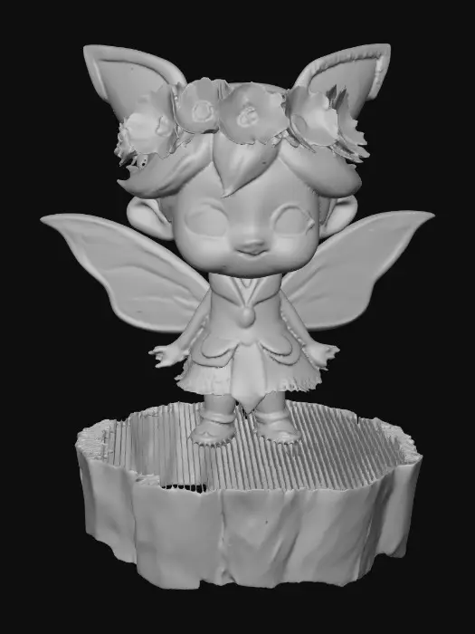 3D model for An adorable chibi cartoonish sprite wearing a crown of tiny flowers. Standing on a round slice of natural wood. Suitable for 3d model printing.