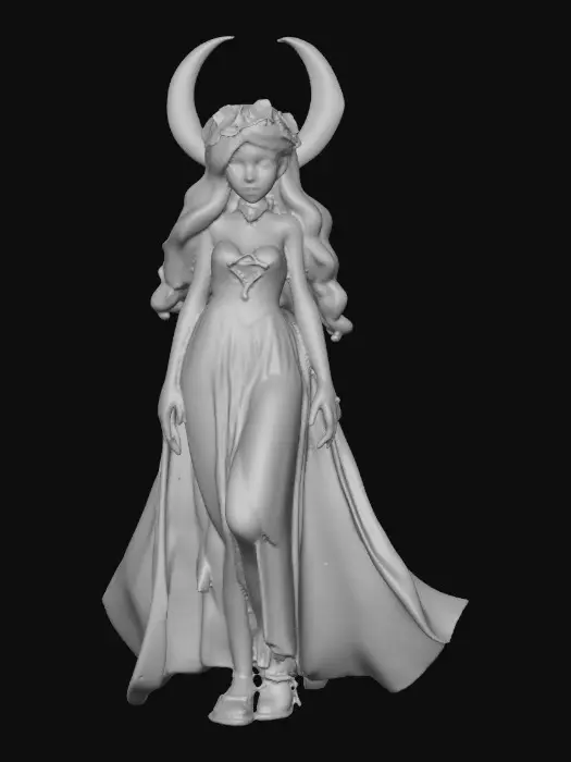 3D model for idyllic fantasy scene, bathed in soft, ethereal light of a crescent moon. A gorgeous Norse goddess reclines gracefully, her thick, luxurious light brown hair cascading around her. She has a lovely face, a rose blush on her cheeks, and a flirty smile playing on her lips. She wears a crown of large vibrant florals, She wears a velvet choker and a filmy light green dress that drapes elegantly. Her gaze is directed in a side-eye glance, full of allure. The style is inspired by Anna Razumovskaya, featuring delicate details, flowing lines, and a dreamlike atmosphere.