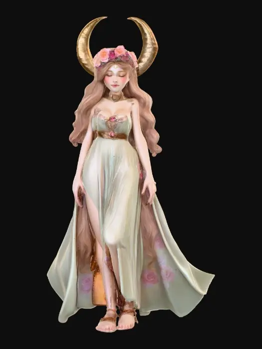 3D model for idyllic fantasy scene, bathed in soft, ethereal light of a crescent moon. A gorgeous Norse goddess reclines gracefully, her thick, luxurious light brown hair cascading around her. She has a lovely face, a rose blush on her cheeks, and a flirty smile playing on her lips. She wears a crown of large vibrant florals, She wears a velvet choker and a filmy light green dress that drapes elegantly. Her gaze is directed in a side-eye glance, full of allure. The style is inspired by Anna Razumovskaya, featuring delicate details, flowing lines, and a dreamlike atmosphere.