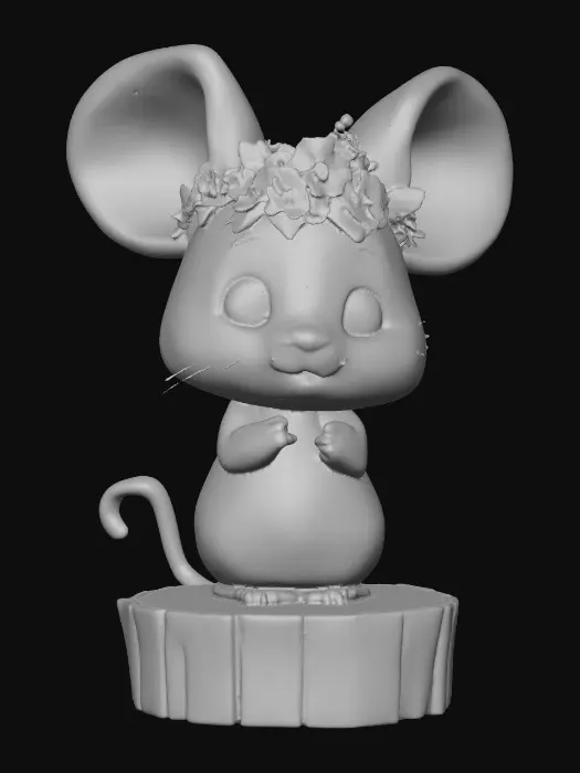 3D model for An adorable chibi cartoonish mouse wearing a crown of tiny flowers. Standing on a round slice of natural wood. Suitable for 3d model printing.