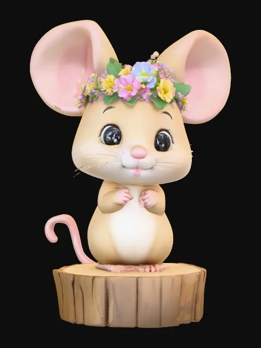 3D model for An adorable chibi cartoonish mouse wearing a crown of tiny flowers. Standing on a round slice of natural wood. Suitable for 3d model printing.