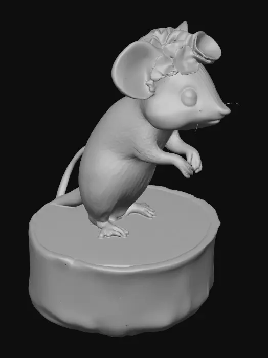 3D model for An adorable chibi cartoonish mouse wearing a crown of tiny flowers. Standing on a round slice of natural wood. Suitable for 3d model printing.