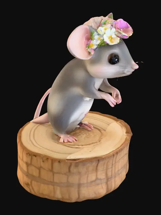 3D model for An adorable chibi cartoonish mouse wearing a crown of tiny flowers. Standing on a round slice of natural wood. Suitable for 3d model printing.