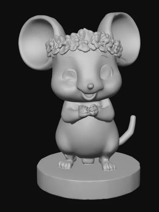 3D model for An adorable chibi cartoonish mouse wearing a crown of tiny flowers. Standing on a round slice of natural wood. Suitable for 3d model printing.