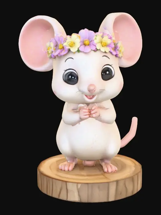3D model for An adorable chibi cartoonish mouse wearing a crown of tiny flowers. Standing on a round slice of natural wood. Suitable for 3d model printing.
