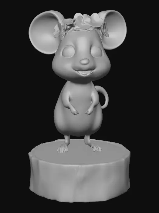 3D model for An adorable chibi cartoonish mouse wearing a crown of tiny flowers. Standing on a round slice of natural wood. Suitable for 3d model printing.