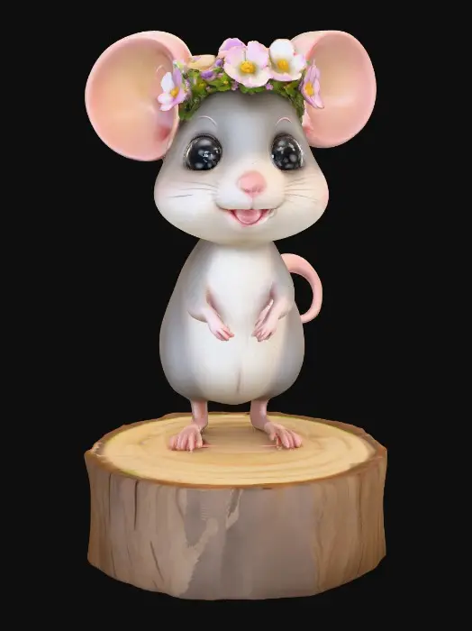 3D model for An adorable chibi cartoonish mouse wearing a crown of tiny flowers. Standing on a round slice of natural wood. Suitable for 3d model printing.