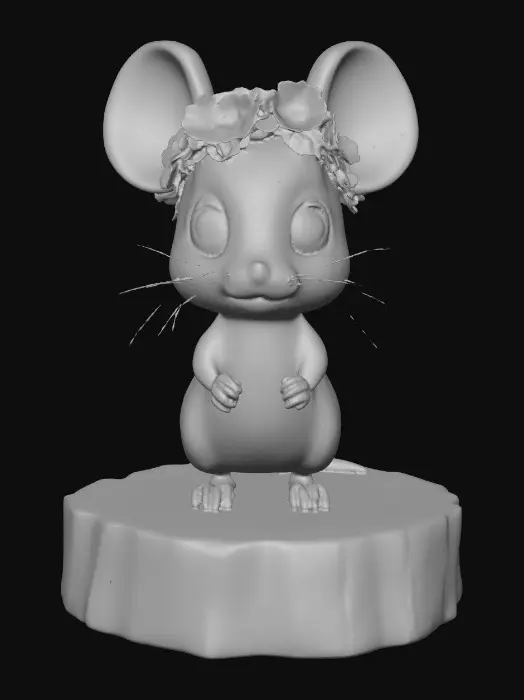 3D model for An adorable chibi cartoonish mouse wearing a crown of tiny flowers. Standing on a round slice of natural wood. Suitable for 3d model printing.