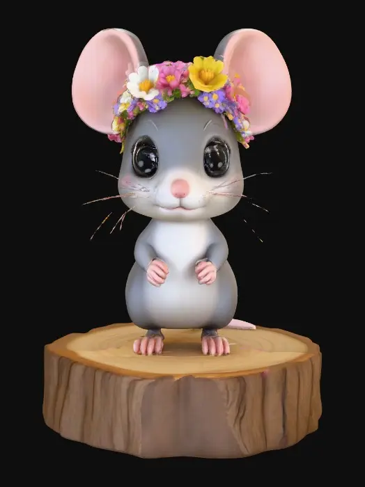 3D model for An adorable chibi cartoonish mouse wearing a crown of tiny flowers. Standing on a round slice of natural wood. Suitable for 3d model printing.