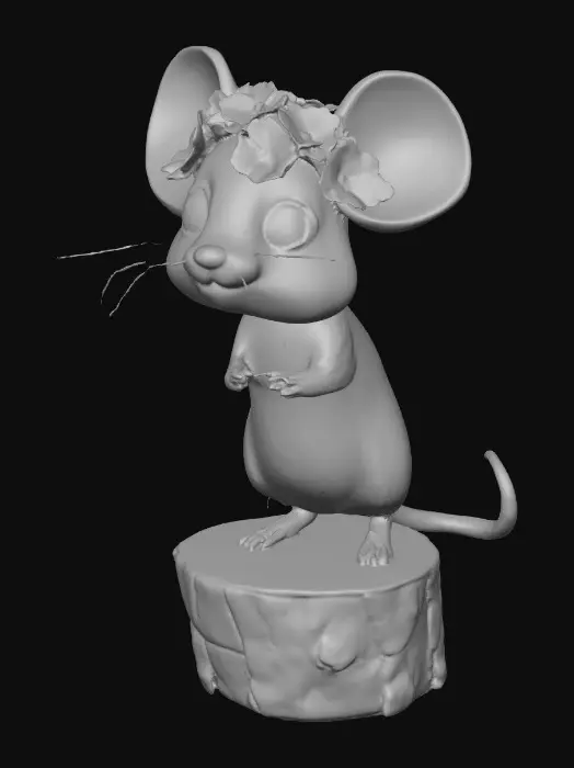 3D model for An adorable chibi cartoonish mouse wearing a crown of tiny flowers. Standing on a round slice of natural wood. Suitable for 3d model printing.