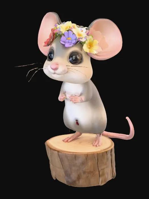 3D model for An adorable chibi cartoonish mouse wearing a crown of tiny flowers. Standing on a round slice of natural wood. Suitable for 3d model printing.