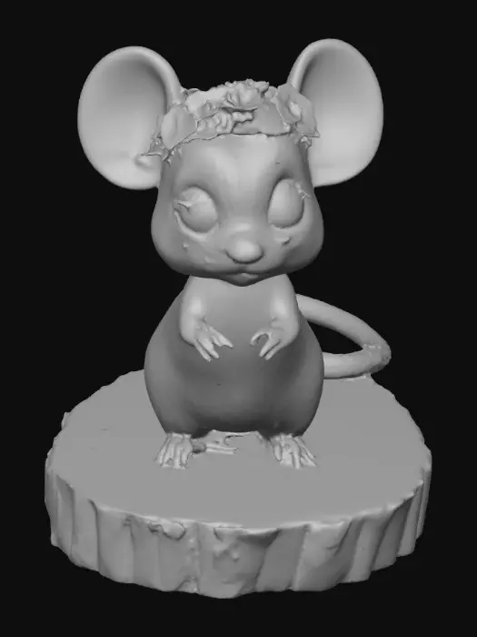 3D model for An adorable chibi cartoonish mouse wearing a crown of tiny flowers. Standing on a round slice of natural wood. Suitable for 3d model printing.