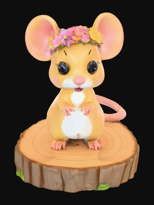 3D model for An adorable chibi cartoonish mouse wearing a crown of tiny flowers. Standing on a round slice of natural wood. Suitable for 3d model printing.