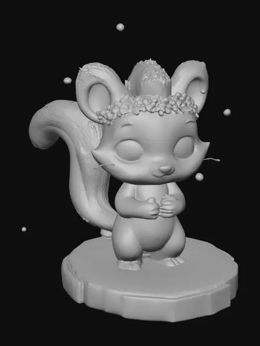 3D model for An adorable chibi cartoonish skunk wearing a crown of tiny flowers. Standing on a round slice of natural wood. Suitable for 3d model printing.