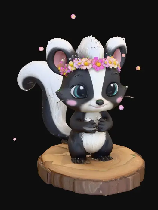 3D model for An adorable chibi cartoonish skunk wearing a crown of tiny flowers. Standing on a round slice of natural wood. Suitable for 3d model printing.