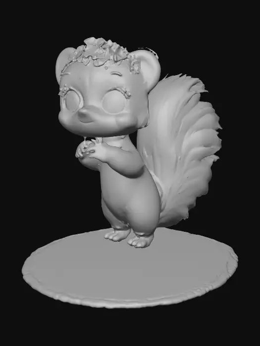 3D model for An adorable chibi cartoonish skunk wearing a crown of tiny flowers. Standing on a round slice of natural wood. Suitable for 3d model printing.