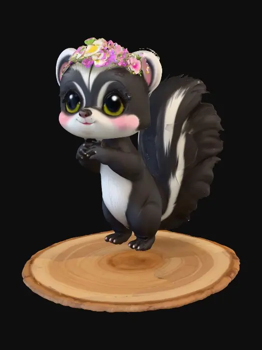 3D model for An adorable chibi cartoonish skunk wearing a crown of tiny flowers. Standing on a round slice of natural wood. Suitable for 3d model printing.