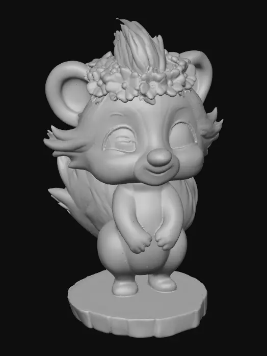 3D model for An adorable chibi cartoonish skunk wearing a crown of tiny flowers. Standing on a round slice of natural wood. Suitable for 3d model printing.
