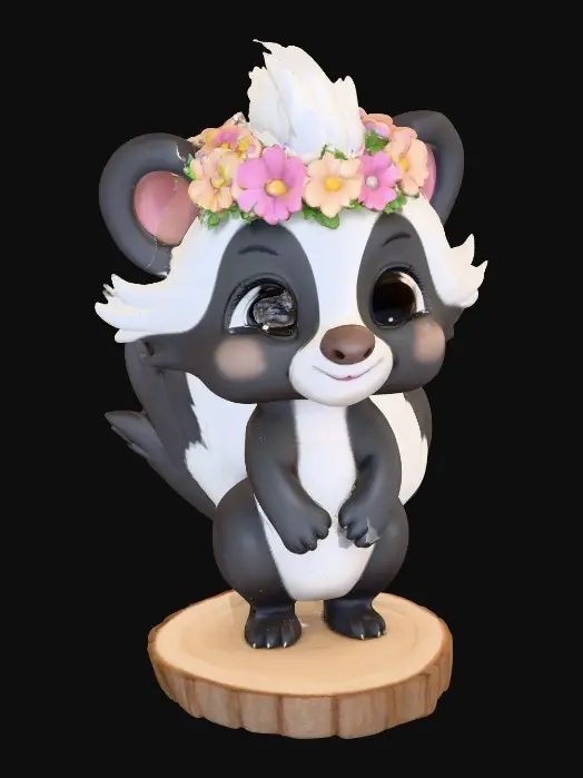 3D model for An adorable chibi cartoonish skunk wearing a crown of tiny flowers. Standing on a round slice of natural wood. Suitable for 3d model printing.