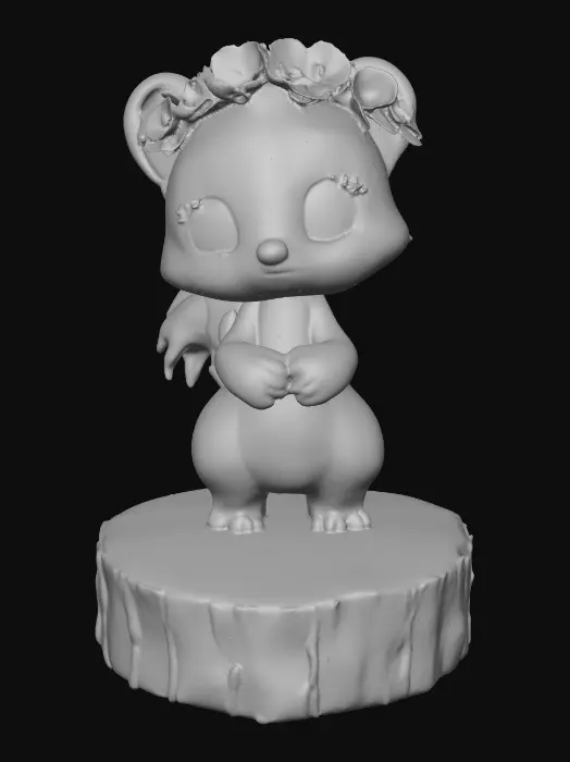 3D model for An adorable chibi cartoonish skunk wearing a crown of tiny flowers. Standing on a round slice of natural wood. Suitable for 3d model printing.