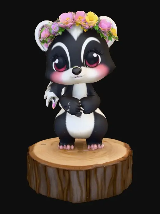 3D model for An adorable chibi cartoonish skunk wearing a crown of tiny flowers. Standing on a round slice of natural wood. Suitable for 3d model printing.