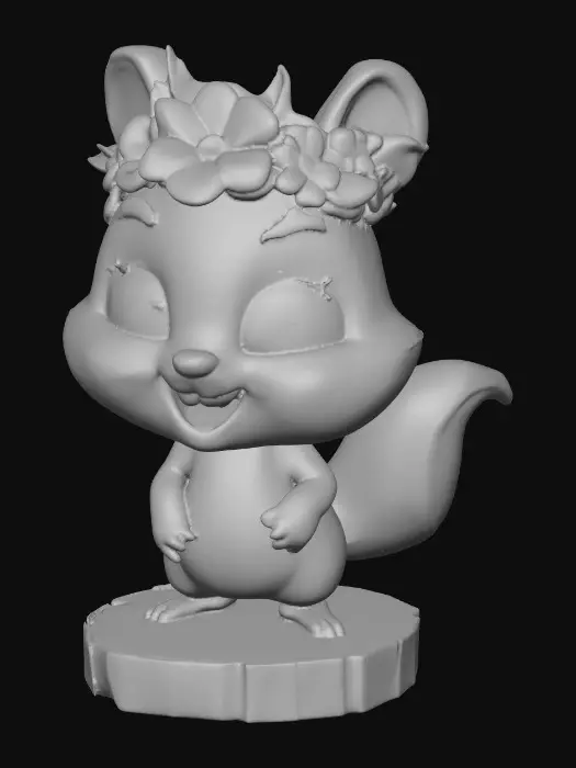 3D model for An adorable chibi cartoonish chipmunk wearing a crown of tiny flowers. Standing on a round slice of natural wood. Suitable for 3d model printing.