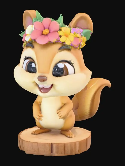 3D model for An adorable chibi cartoonish chipmunk wearing a crown of tiny flowers. Standing on a round slice of natural wood. Suitable for 3d model printing.
