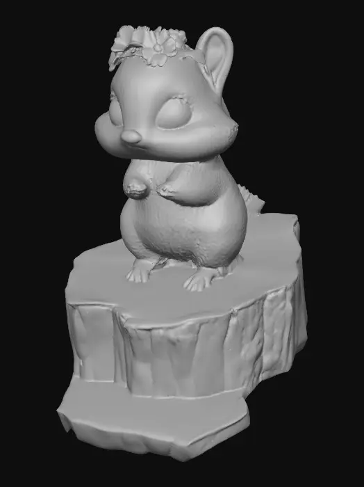 3D model for An adorable chibi cartoonish chipmunk wearing a crown of tiny flowers. Standing on a round slice of natural wood. Suitable for 3d model printing.