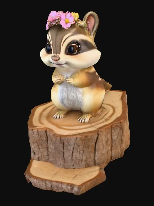 3D model for An adorable chibi cartoonish chipmunk wearing a crown of tiny flowers. Standing on a round slice of natural wood. Suitable for 3d model printing.