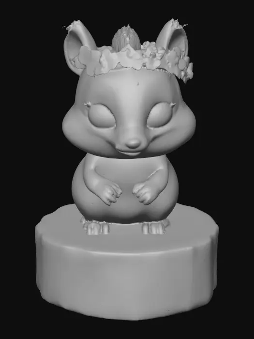3D model for An adorable chibi cartoonish chipmunk wearing a crown of tiny flowers. Standing on a round slice of natural wood. Suitable for 3d model printing.
