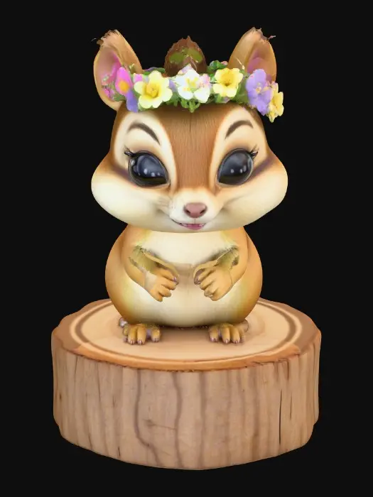 3D model for An adorable chibi cartoonish chipmunk wearing a crown of tiny flowers. Standing on a round slice of natural wood. Suitable for 3d model printing.