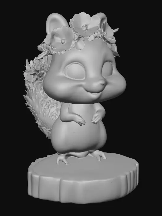 3D model for An adorable chibi cartoonish chipmunk wearing a crown of tiny flowers. Standing on a round slice of natural wood. Suitable for 3d model printing.