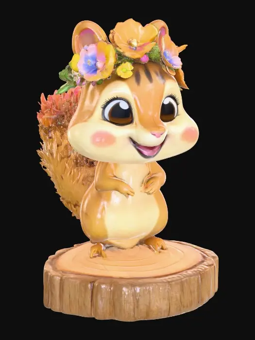 3D model for An adorable chibi cartoonish chipmunk wearing a crown of tiny flowers. Standing on a round slice of natural wood. Suitable for 3d model printing.