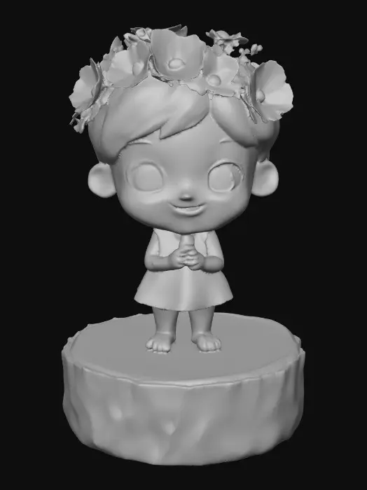 3D model for An adorable chibi cartoonish sprite wearing a crown of tiny flowers. Standing on a round slice of natural wood. Suitable for 3d model printing.