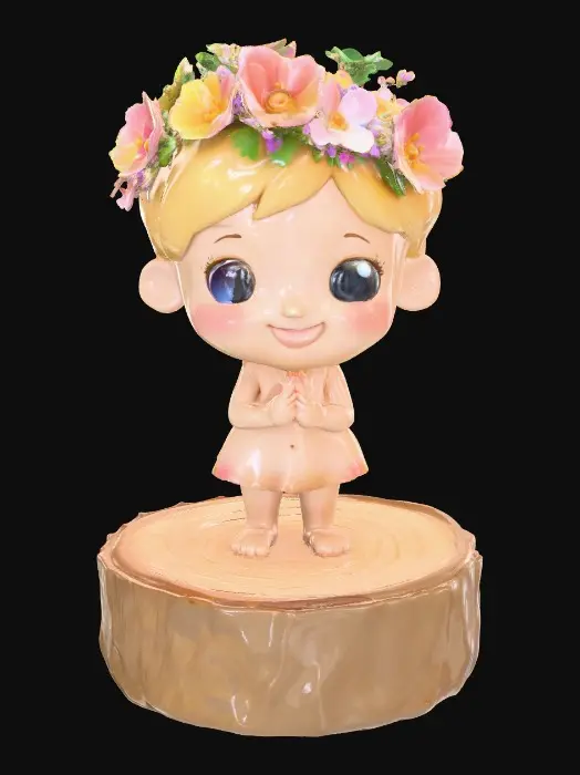 3D model for An adorable chibi cartoonish sprite wearing a crown of tiny flowers. Standing on a round slice of natural wood. Suitable for 3d model printing.