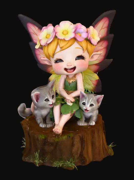 3D model for An adorable chibi cartoonish fairy sprite wearing a crown of tiny flowers. Sitting on a round slice of natural wood. The fairy has head back laughing out loud. A small kitten sits beside the fairy with a quizical expression on it's face.  Suitable for 3d model printing.