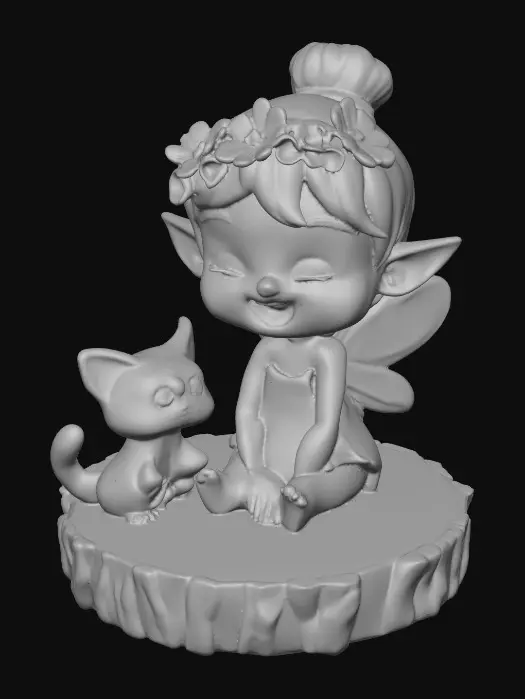 3D model for An adorable chibi cartoonish fairy sprite wearing a crown of tiny flowers. Sitting on a round slice of natural wood. The fairy has head back laughing out loud. A small kitten sits beside the fairy with a quizical expression on it's face.  Suitable for 3d model printing.