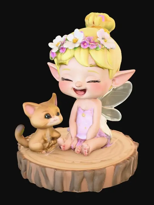 3D model for An adorable chibi cartoonish fairy sprite wearing a crown of tiny flowers. Sitting on a round slice of natural wood. The fairy has head back laughing out loud. A small kitten sits beside the fairy with a quizical expression on it's face.  Suitable for 3d model printing.