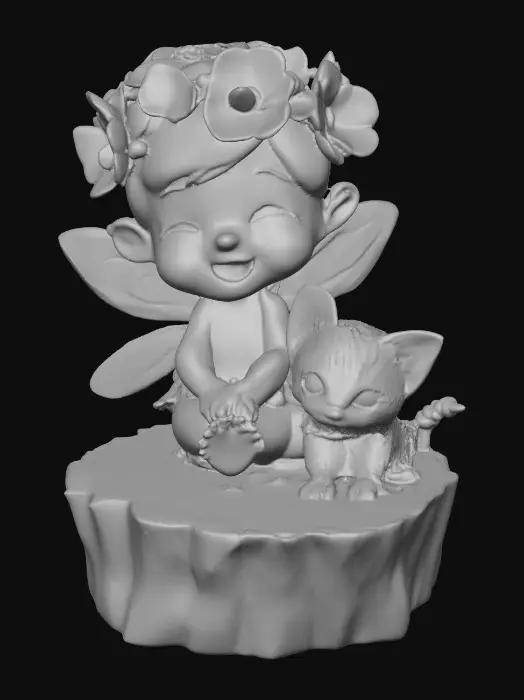 3D model for An adorable chibi cartoonish fairy sprite wearing a crown of tiny flowers. Sitting on a round slice of natural wood. The fairy has head back laughing out loud. A small kitten sits beside the fairy with a quizical expression on it's face.  Suitable for 3d model printing.