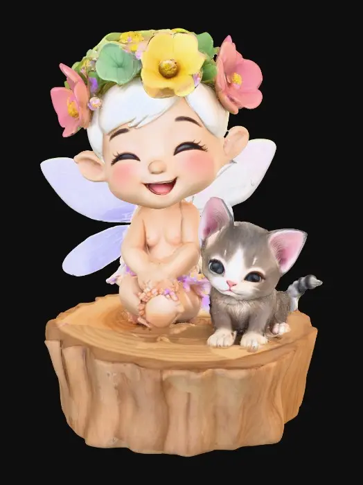 3D model for An adorable chibi cartoonish fairy sprite wearing a crown of tiny flowers. Sitting on a round slice of natural wood. The fairy has head back laughing out loud. A small kitten sits beside the fairy with a quizical expression on it's face.  Suitable for 3d model printing.