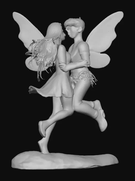 3D model for beautiful woodland fairy in a slow dance posture in mid-air, she is adorned with wild flowers, she has a beautiful figure, slim with a large bust, she has long wavy auburn hair. Her male fairy partner is holding her by the waist and hand as they dance mid-air. The fairy couple have wings made of fine lace like porcelain.  Both fairys have perfect arms, feet, hands, and legs. Lots of jewel like colors.