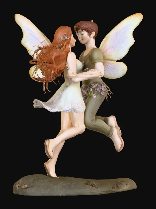 3D model for beautiful woodland fairy in a slow dance posture in mid-air, she is adorned with wild flowers, she has a beautiful figure, slim with a large bust, she has long wavy auburn hair. Her male fairy partner is holding her by the waist and hand as they dance mid-air. The fairy couple have wings made of fine lace like porcelain.  Both fairys have perfect arms, feet, hands, and legs. Lots of jewel like colors.