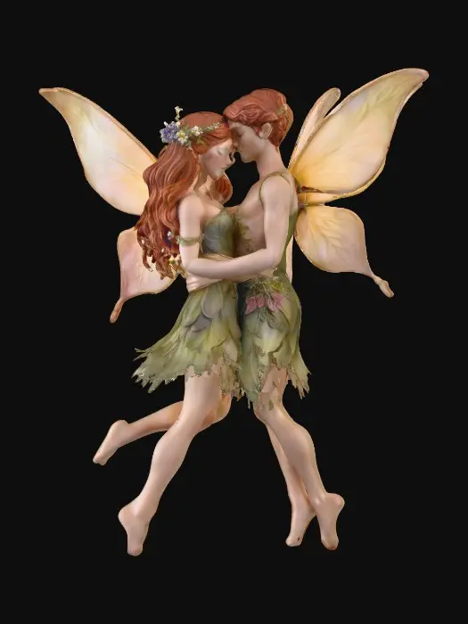 3D model for beautiful woodland fairy in a slow dance posture in mid-air, she is adorned with wild flowers, she has a beautiful figure, slim with a large bust, she has long wavy auburn hair. Her male fairy partner is holding her by the waist and hand as they dance mid-air. The fairy couple have wings made of fine lace like porcelain.  Both fairys have perfect arms, feet, hands, and legs. Lots of jewel like colors.