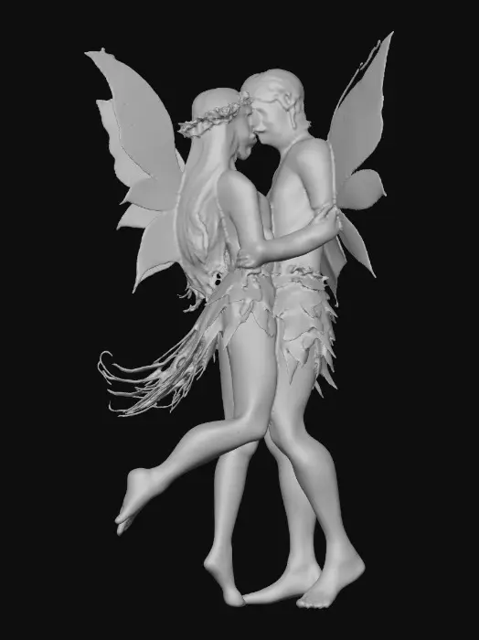 3D model for beautiful woodland fairy in a slow dance posture in mid-air, she is adorned with wild flowers, she has a beautiful figure, slim with a large bust, she has long wavy auburn hair. Her male fairy partner is holding her by the waist and hand as they dance mid-air. The fairy couple have wings made of fine lace like porcelain.  Both fairys have perfect arms, feet, hands, and legs. Lots of jewel like colors.