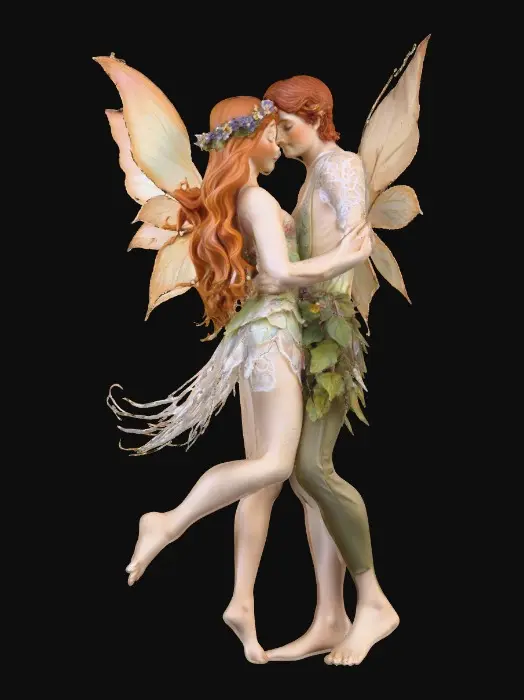 3D model for beautiful woodland fairy in a slow dance posture in mid-air, she is adorned with wild flowers, she has a beautiful figure, slim with a large bust, she has long wavy auburn hair. Her male fairy partner is holding her by the waist and hand as they dance mid-air. The fairy couple have wings made of fine lace like porcelain.  Both fairys have perfect arms, feet, hands, and legs. Lots of jewel like colors.