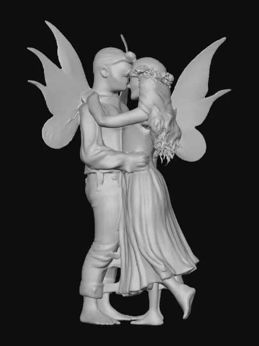 3D model for beautiful woodland fairy in a slow dance posture in mid-air, she is adorned with wild flowers, she has a beautiful figure, slim with a large bust, she has long wavy auburn hair. Her male fairy partner is holding her by the waist and hand as they dance mid-air. The fairy couple have wings made of fine lace like porcelain.  Both fairys have perfect arms, feet, hands, and legs. Lots of jewel like colors.