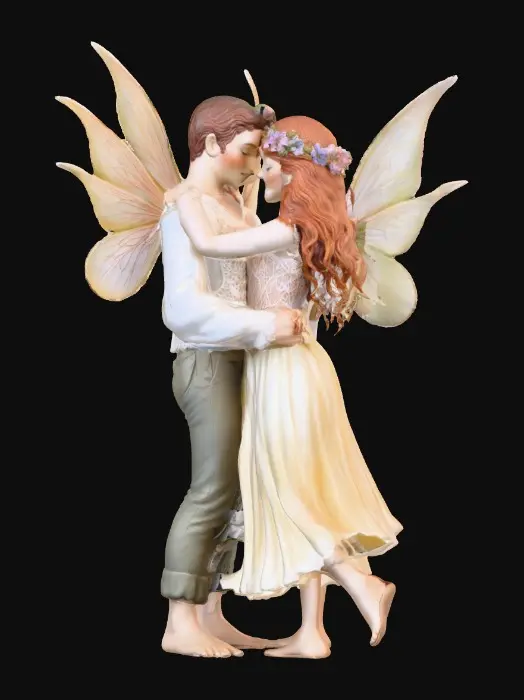 3D model for beautiful woodland fairy in a slow dance posture in mid-air, she is adorned with wild flowers, she has a beautiful figure, slim with a large bust, she has long wavy auburn hair. Her male fairy partner is holding her by the waist and hand as they dance mid-air. The fairy couple have wings made of fine lace like porcelain.  Both fairys have perfect arms, feet, hands, and legs. Lots of jewel like colors.